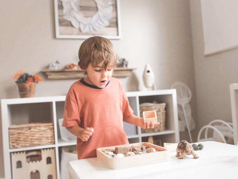 Enfant jouant avec des jouets en bois accompagné par sa nounou
